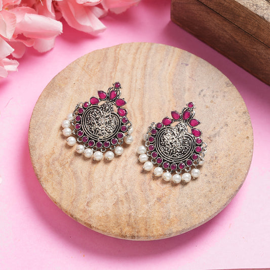 Red Stone Studded German Silver Statement Earrings