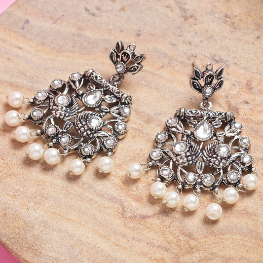 White Stone Studded Danglers With Hanging Pearls