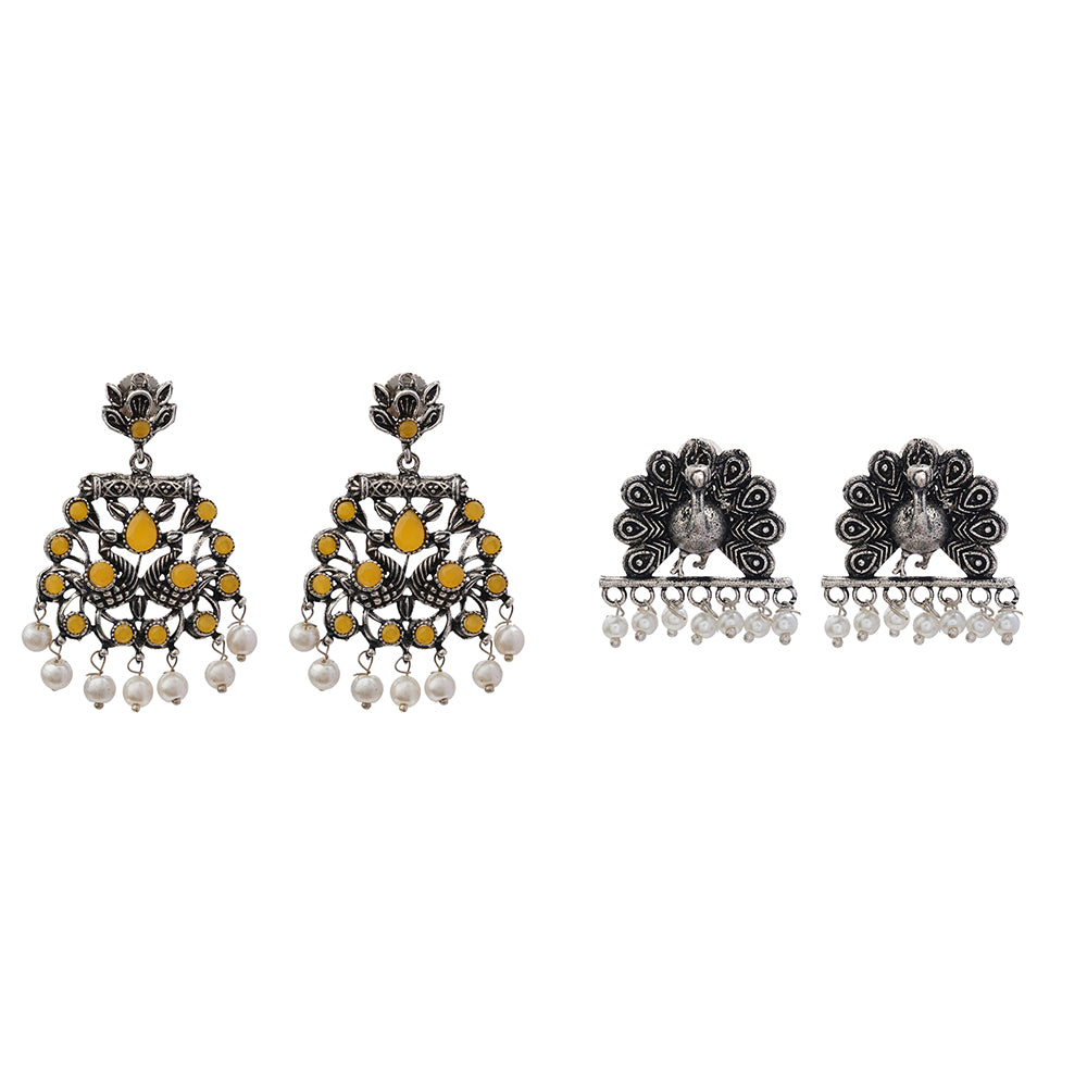 Peacock glow stone studded dangler earrings (Yellow)&Meena Manjari stone stud earrings (Silver) Combo set