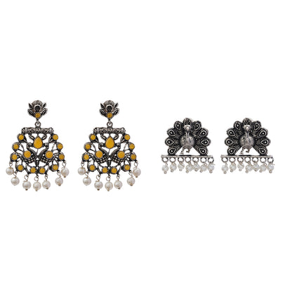 Peacock glow stone studded dangler earrings (Yellow)&Meena Manjari stone stud earrings (Silver) Combo set