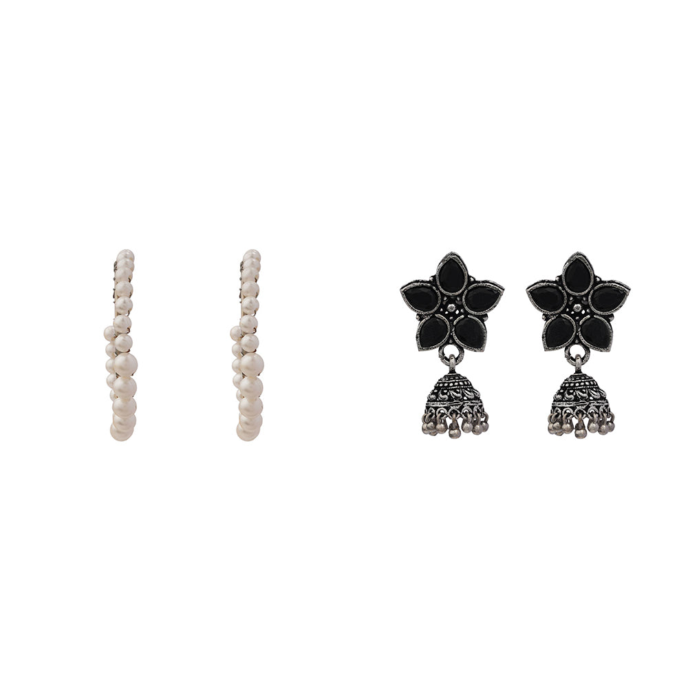Beauty Bloom ghunghroo jhumki earring (Black)&Pearl Prestige hoop earrings (White) Combo set