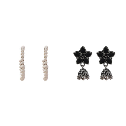 Beauty Bloom ghunghroo jhumki earring (Black)&Pearl Prestige hoop earrings (White) Combo set