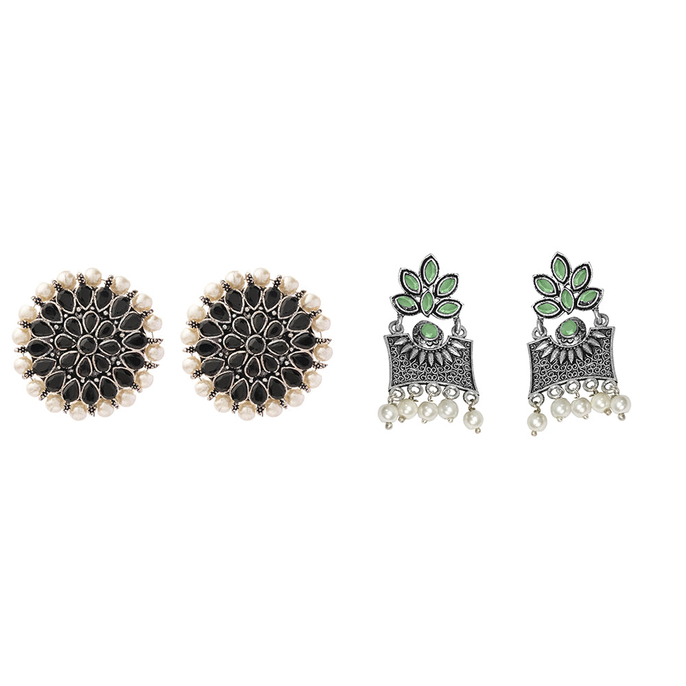 Carved Charm Dangler earrings &  Flora-Aura stone studded dangler earrings (Pista) Combo set
