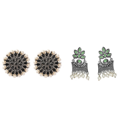 Carved Charm Dangler earrings &  Flora-Aura stone studded dangler earrings (Pista) Combo set