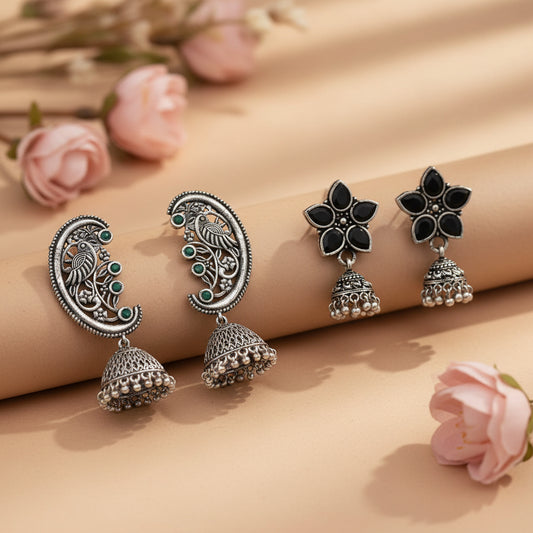 Beauty Bloom ghunghroo jhumki earring (Black)&Moon-lit Mayur Jhumki earrings (Green) Combo set