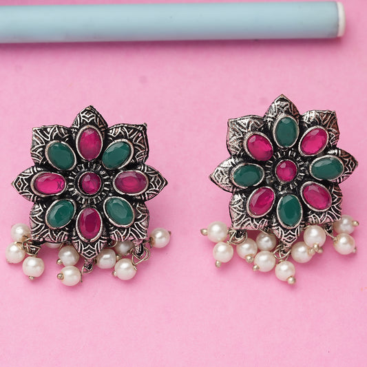 Multicolored Stone Studded Oxidised Earrings With Hanging Pearls