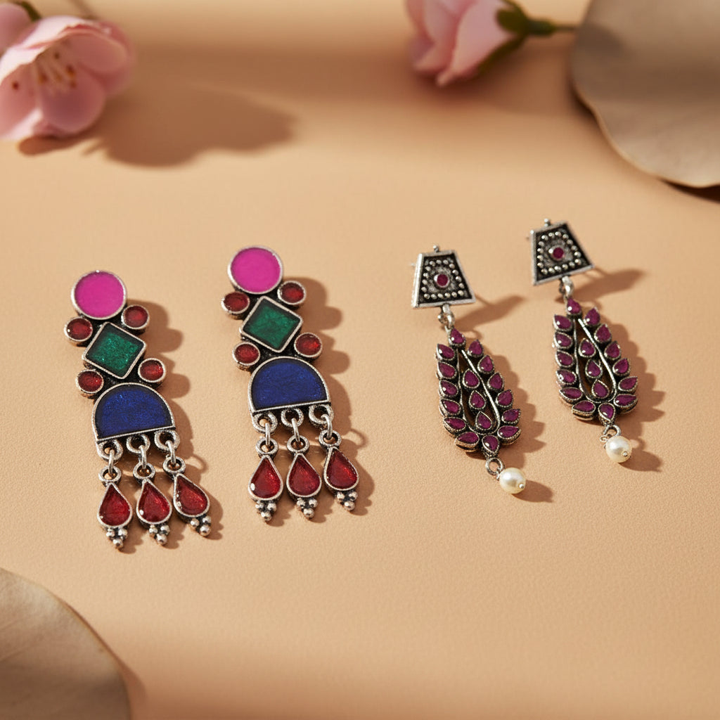 Rainbow rhine dangler earrings (Multicolored)&Precious Petal stone studded dangler earring (Red) Combo set