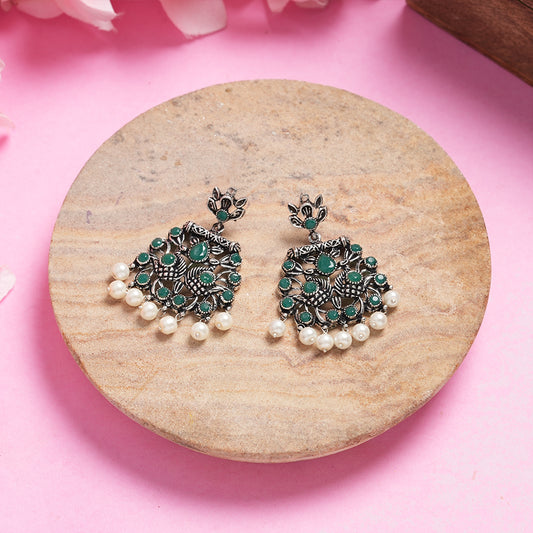 Green Stone Studded Danglers With Hanging Pearls