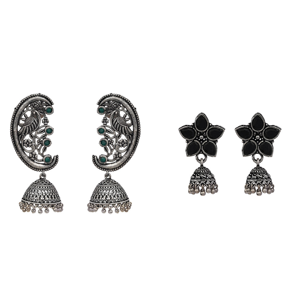 Beauty Bloom ghunghroo jhumki earring (Black)&Moon-lit Mayur Jhumki earrings (Green) Combo set