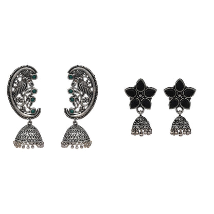 Beauty Bloom ghunghroo jhumki earring (Black)&Moon-lit Mayur Jhumki earrings (Green) Combo set