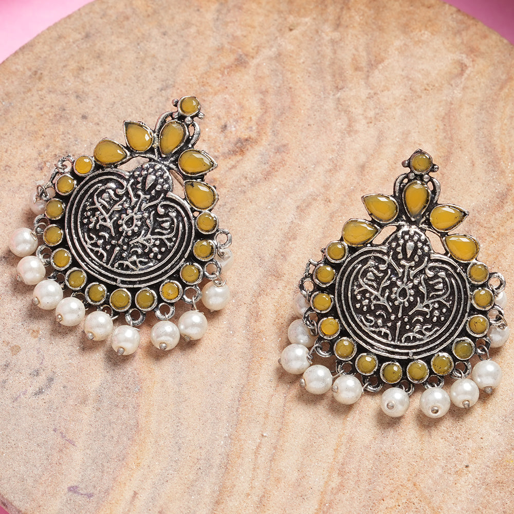 Yellow Stone Studded German Silver Statement Earrings