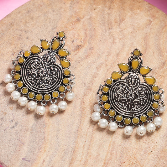 Yellow Stone Studded German Silver Statement Earrings