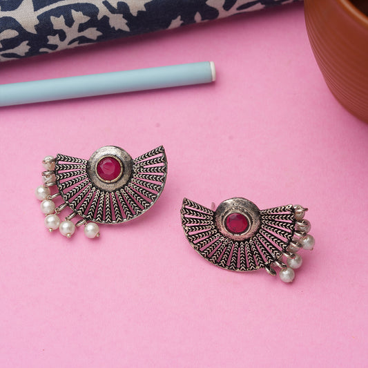 Red Stone Studded Oxidised Earrings With Hanging Pearls