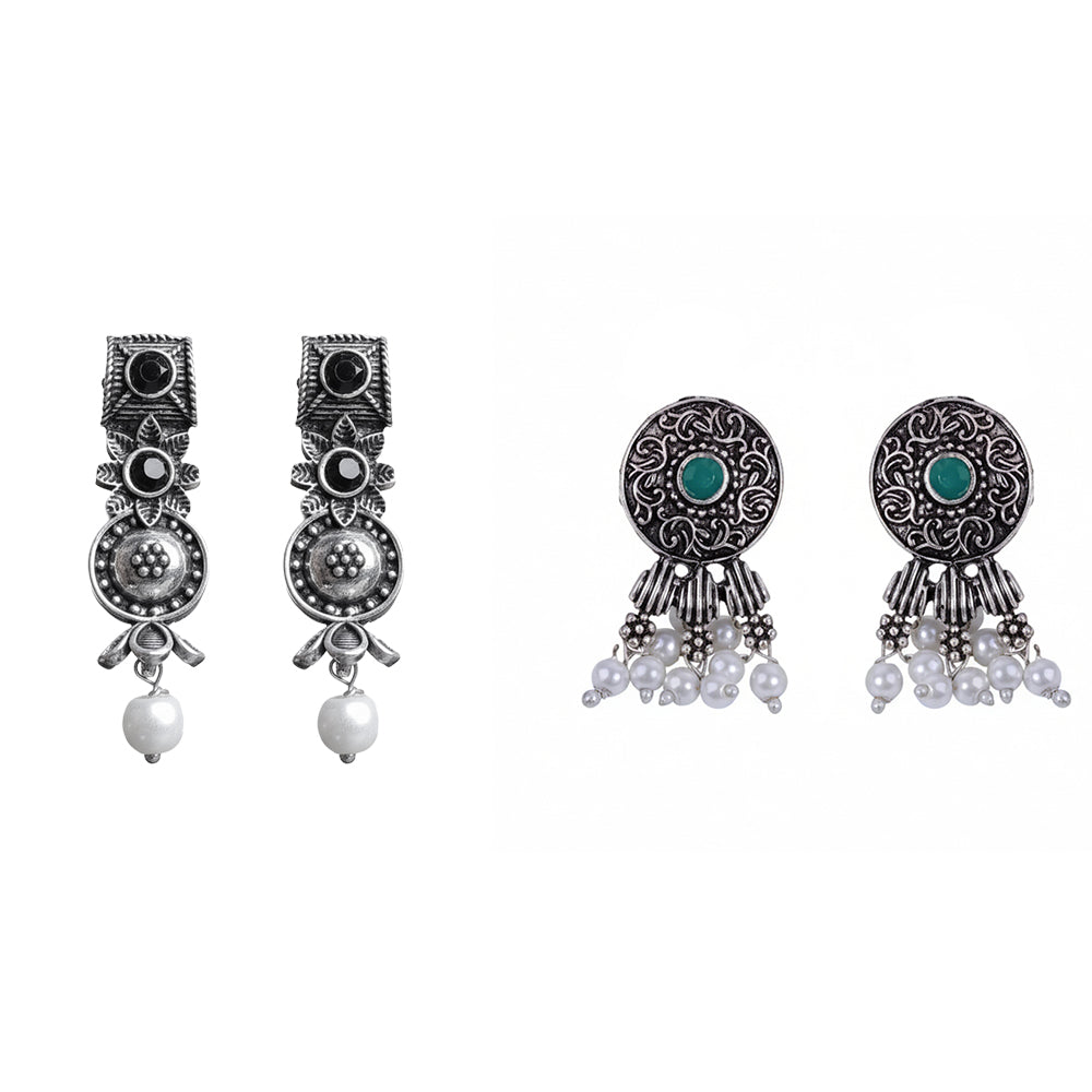 Wonderful wildflower oxidised stud earrings (Black)&Button rays stud earring (Green) Combo set