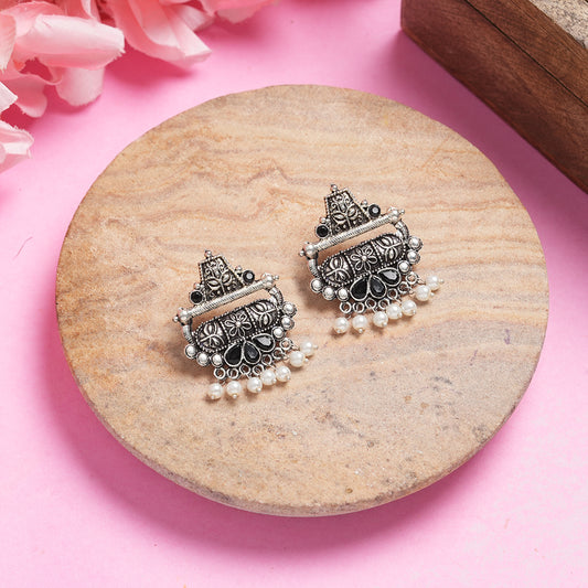White Stone Studded Oxidised Earrings With Hanging Pearl