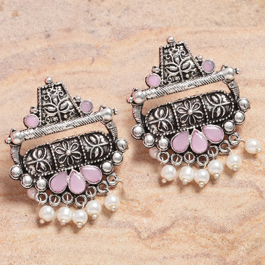 Baby Pink Stone Studded Oxidised Earrings With Hanging Pearl