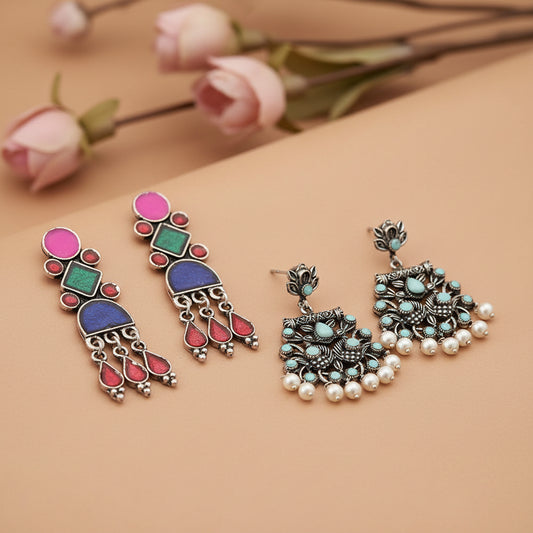 Rainbow rhine dangler earrings (Multicolored)&Peacock glow stone studded dangler earrings (Mint) Combo set