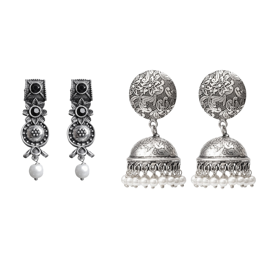 Wonderful wildflower oxidised stud earrings (Black)&Rajwada Traditional Jhumka earrin (Silver) Combo set