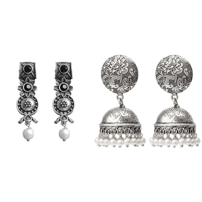 Wonderful wildflower oxidised stud earrings (Black)&Rajwada Traditional Jhumka earrin (Silver) Combo set