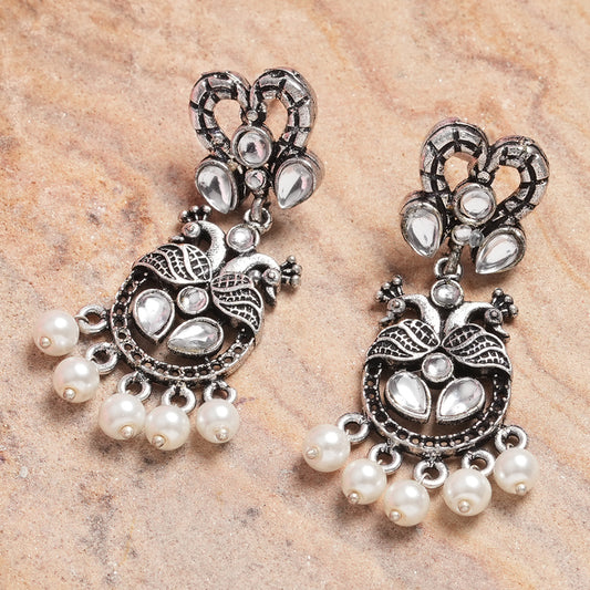 White Stone Studded Delicate Oxidised Earrings With Hanging Pearls