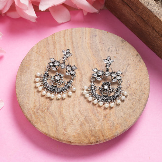 White Stone Studded Beautiful Oxidised Danglers With Hanging Baby Pearls