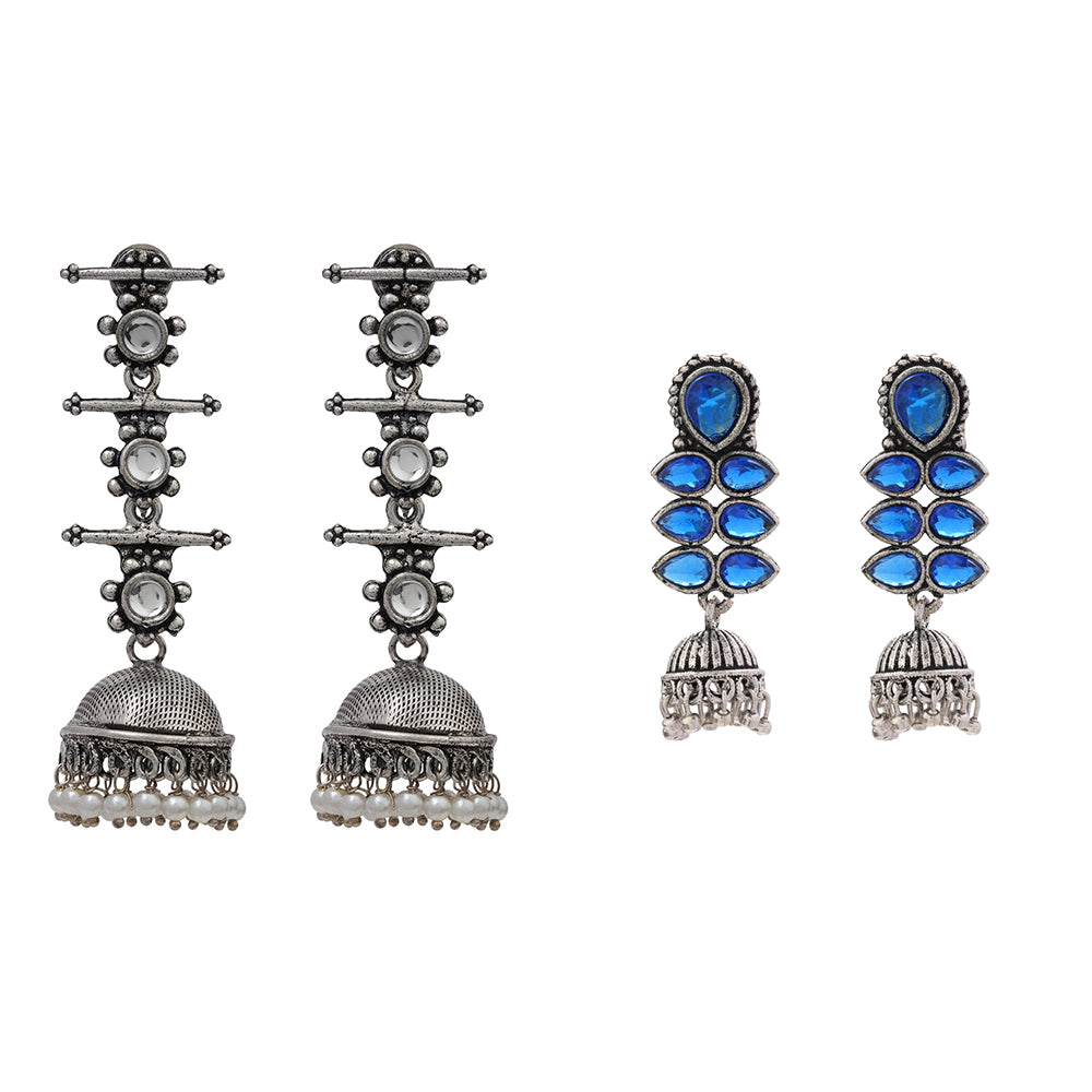 Dazzle Dash Jhumki earring (Blue)&Royal Triple Bell Layered Jhumka Earring (White) Combo set