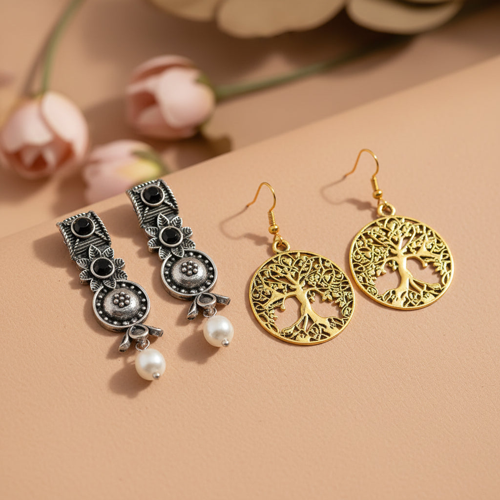 Wonderful wildflower oxidised stud earrings (Black)&Roots and rizz dangler earrings Combo set