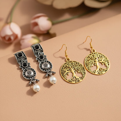 Wonderful wildflower oxidised stud earrings (Black)&Roots and rizz dangler earrings Combo set