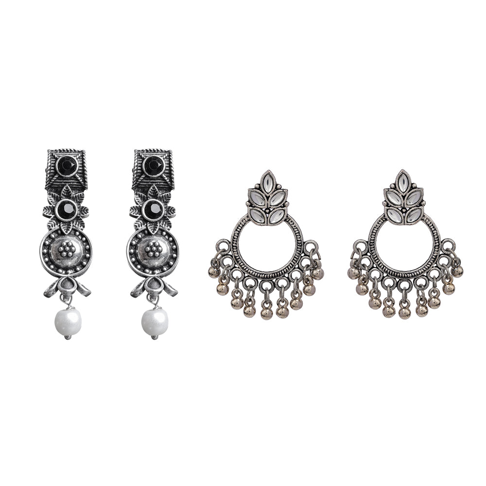 Wonderful wildflower oxidised stud earrings (Black)&Fine Shine stud earrings (White) Combo set