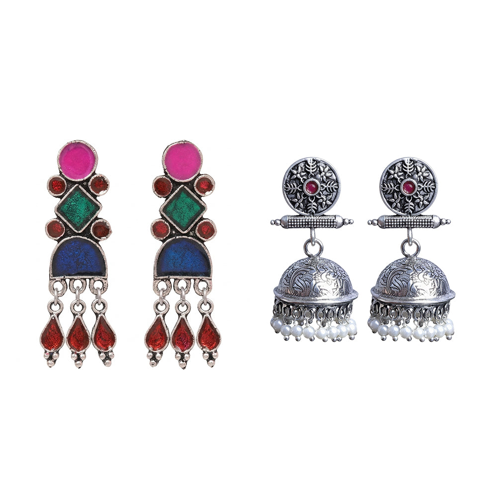Rainbow rhine dangler earrings (Multicolored)&Charmbell jhumka earrings (Red) Combo set
