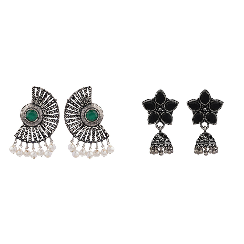 Beauty Bloom ghunghroo jhumki earring (Black)&Bloom Arc pearl stud earring (Green) Combo set