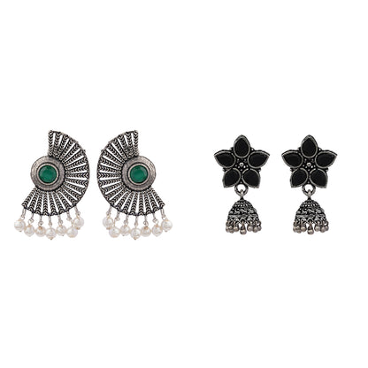 Beauty Bloom ghunghroo jhumki earring (Black)&Bloom Arc pearl stud earring (Green) Combo set