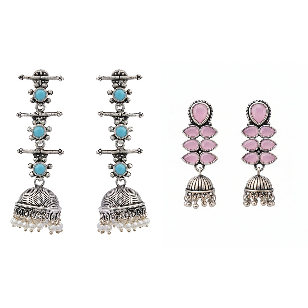 Dazzle Dash Jhumki earring (Baby Pink)&Royal Triple Bell Layered Jhumka Earring (Sky Blue) Combo set