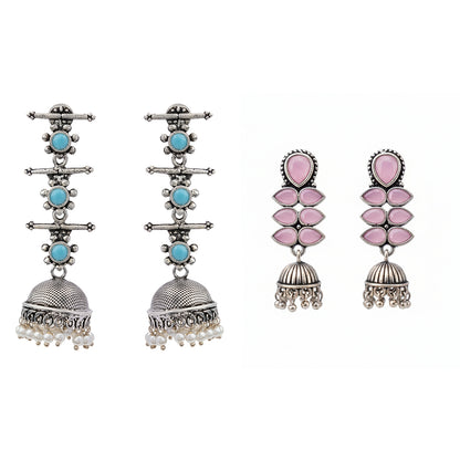 Dazzle Dash Jhumki earring (Baby Pink)&Royal Triple Bell Layered Jhumka Earring (Sky Blue) Combo set