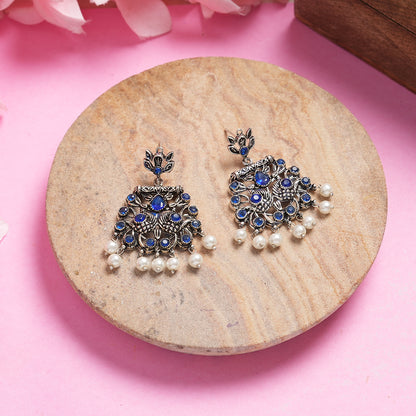 Blue Stone Studded Danglers With Hanging Pearls