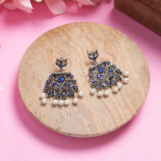 Blue Stone Studded Danglers With Hanging Pearls