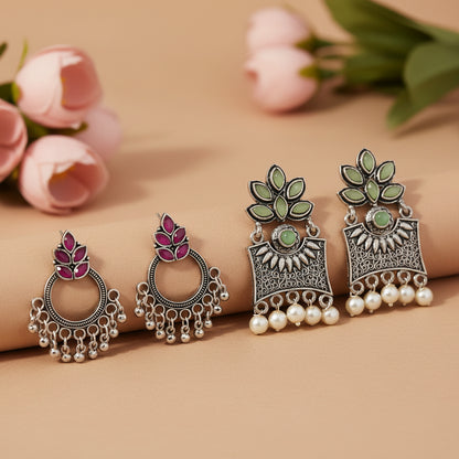 Fine Shine stud earrings (Red)&Flora-Aura stone studded dangler earrings (Pista) Combo set