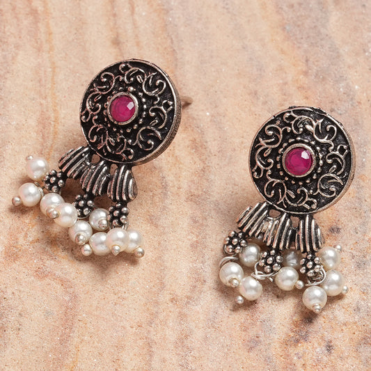 Red Stone Studded Elegant Oxidised Stud Earrings