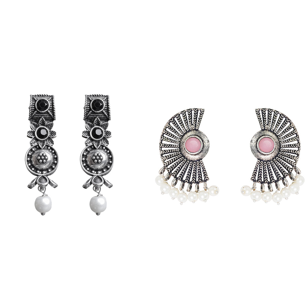 Wonderful wildflower oxidised stud earrings (Black)&Bloom Arc pearl stud earring (Baby Pink) Combo set