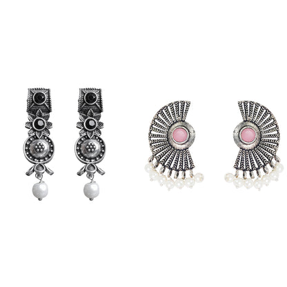 Wonderful wildflower oxidised stud earrings (Black)&Bloom Arc pearl stud earring (Baby Pink) Combo set