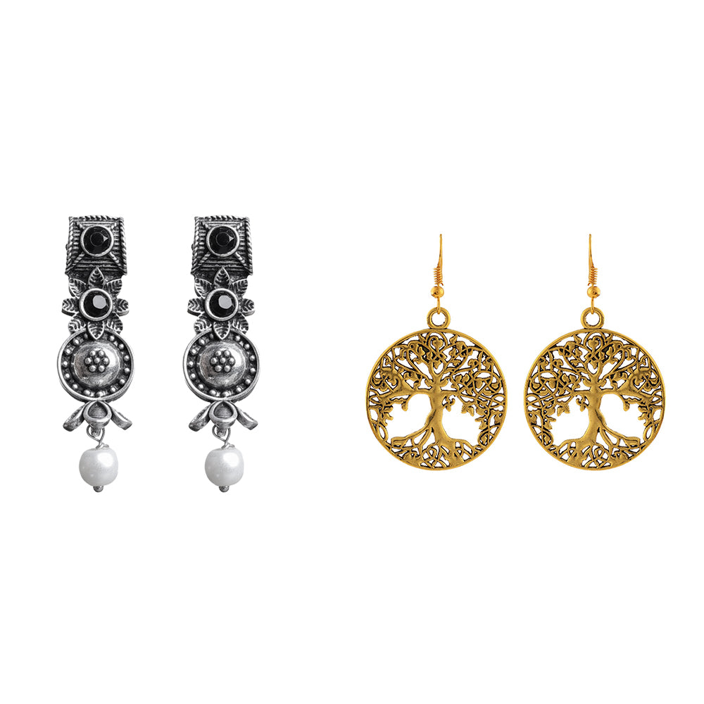 Wonderful wildflower oxidised stud earrings (Black)&Roots and rizz dangler earrings Combo set