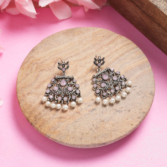 Baby Pink Stone Studded Danglers With Hanging Pearls