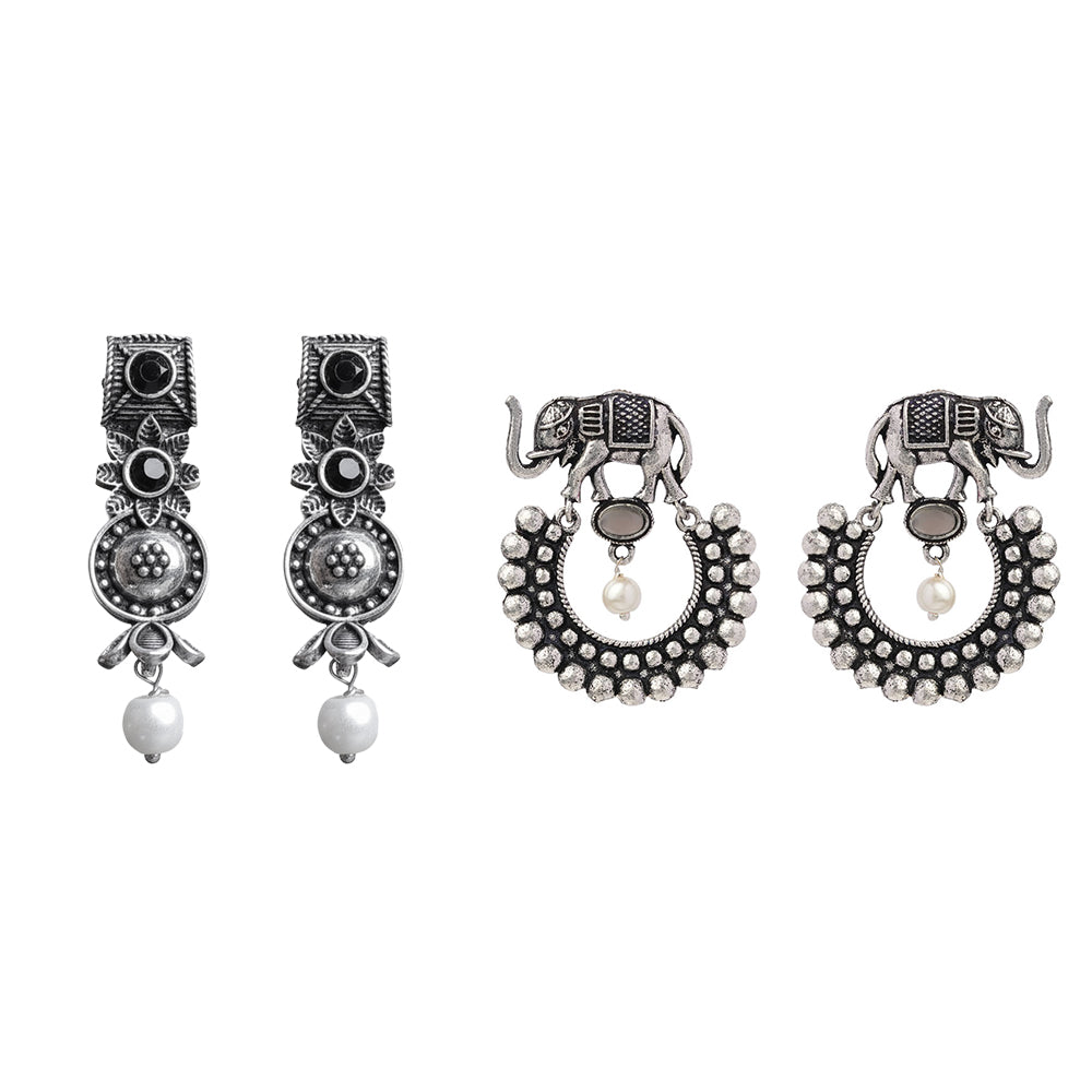 Wonderful wildflower oxidised stud earrings (Black)&Elephant Arc dangler earrings (Grey) Combo set