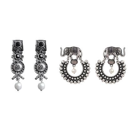 Wonderful wildflower oxidised stud earrings (Black)&Elephant Arc dangler earrings (Grey) Combo set