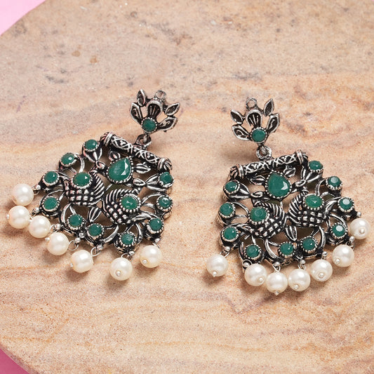Green Stone Studded Danglers With Hanging Pearls