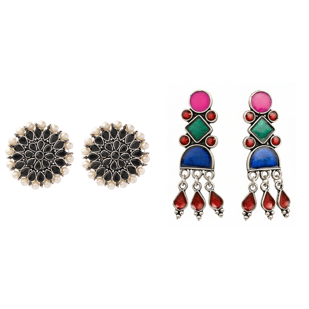 Carved Charm Dangler earrings &  Rainbow rhine dangler earrings (Multicolored) Combo set