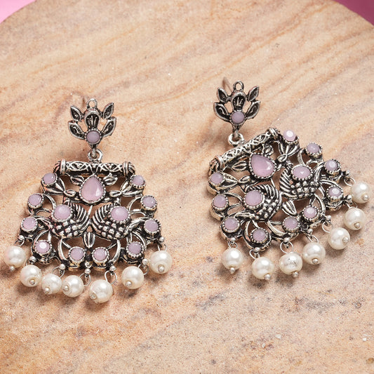 Baby Pink Stone Studded Danglers With Hanging Pearls