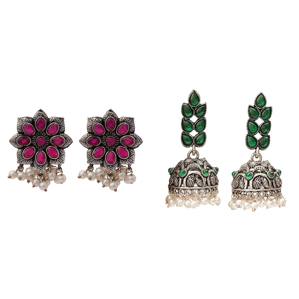 Jugni vibrant stud earrings (Red)&Leaf Cascade jhumki earrings (Green) Combo set