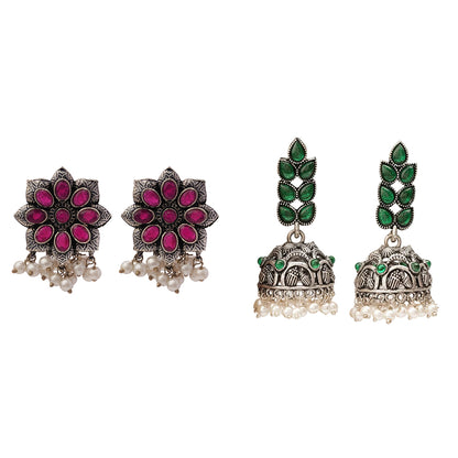 Jugni vibrant stud earrings (Red)&Leaf Cascade jhumki earrings (Green) Combo set