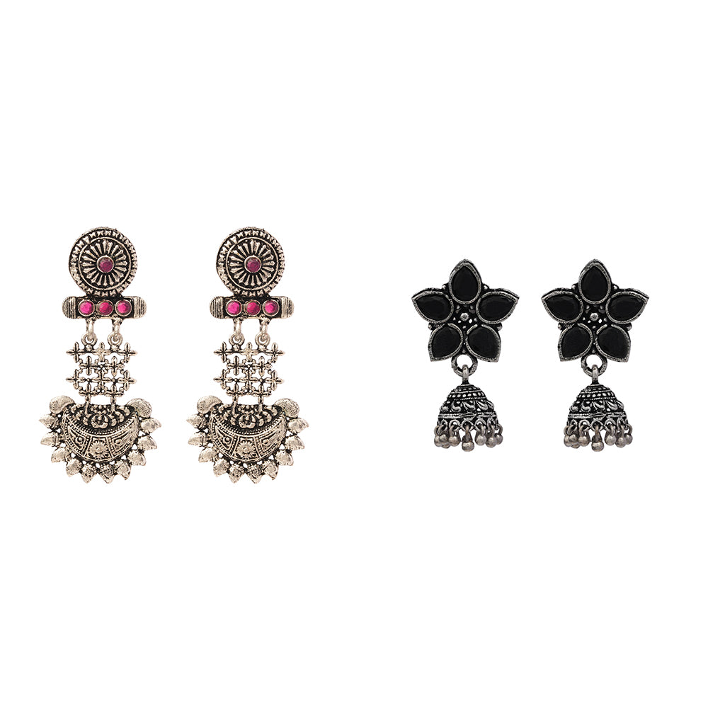 Beauty Bloom ghunghroo jhumki earring (Black)&Enchanted Swing dangler earring (Red) Combo set